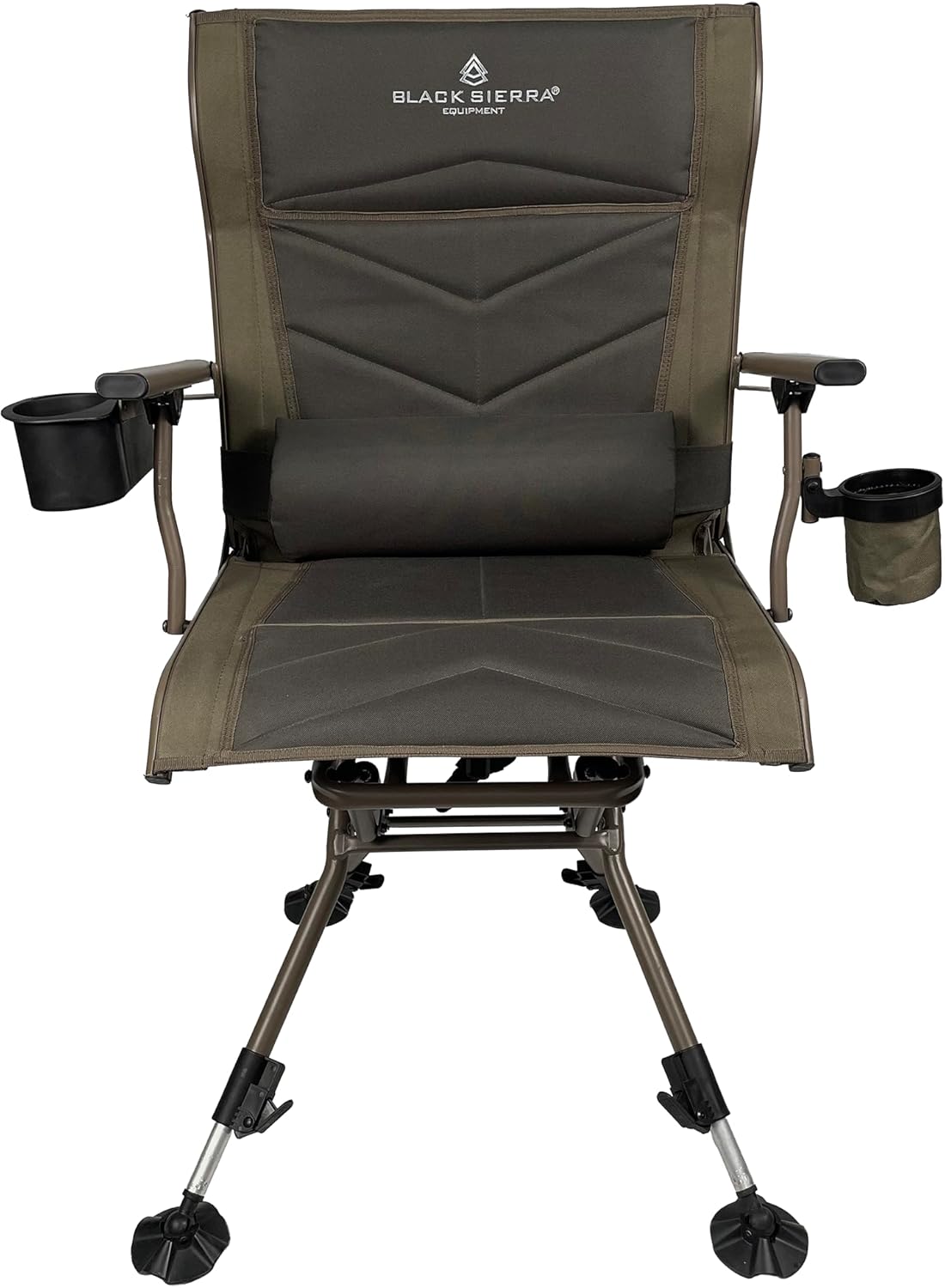 Black Sierra Silent Swivel Hunting Chair with Padded Seat, Headrest, and Detachable Lumbar Support, Heavy Duty Steel Frame, All-Terrain Feet, Cup Holder and Tray