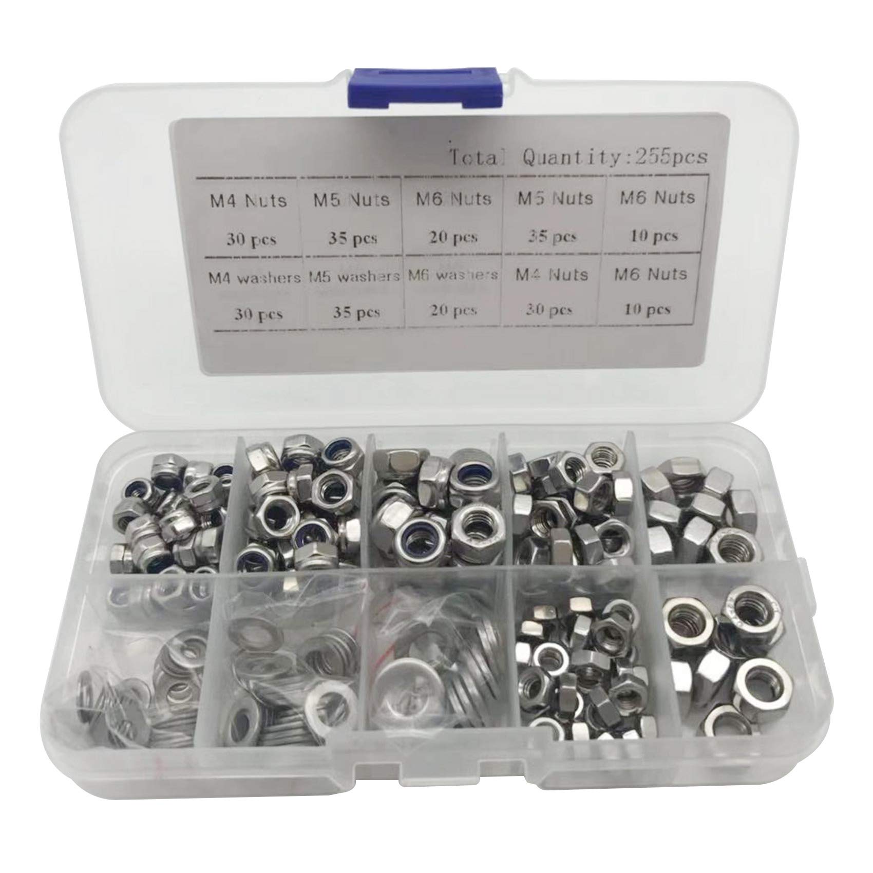 Hduacuge 255PCSM4 M5 M6 Lock Nut Nylon Stainless Steel 304 Nut Kit Flat Washer Metric Hex Locking Nut Insert Locking Nut