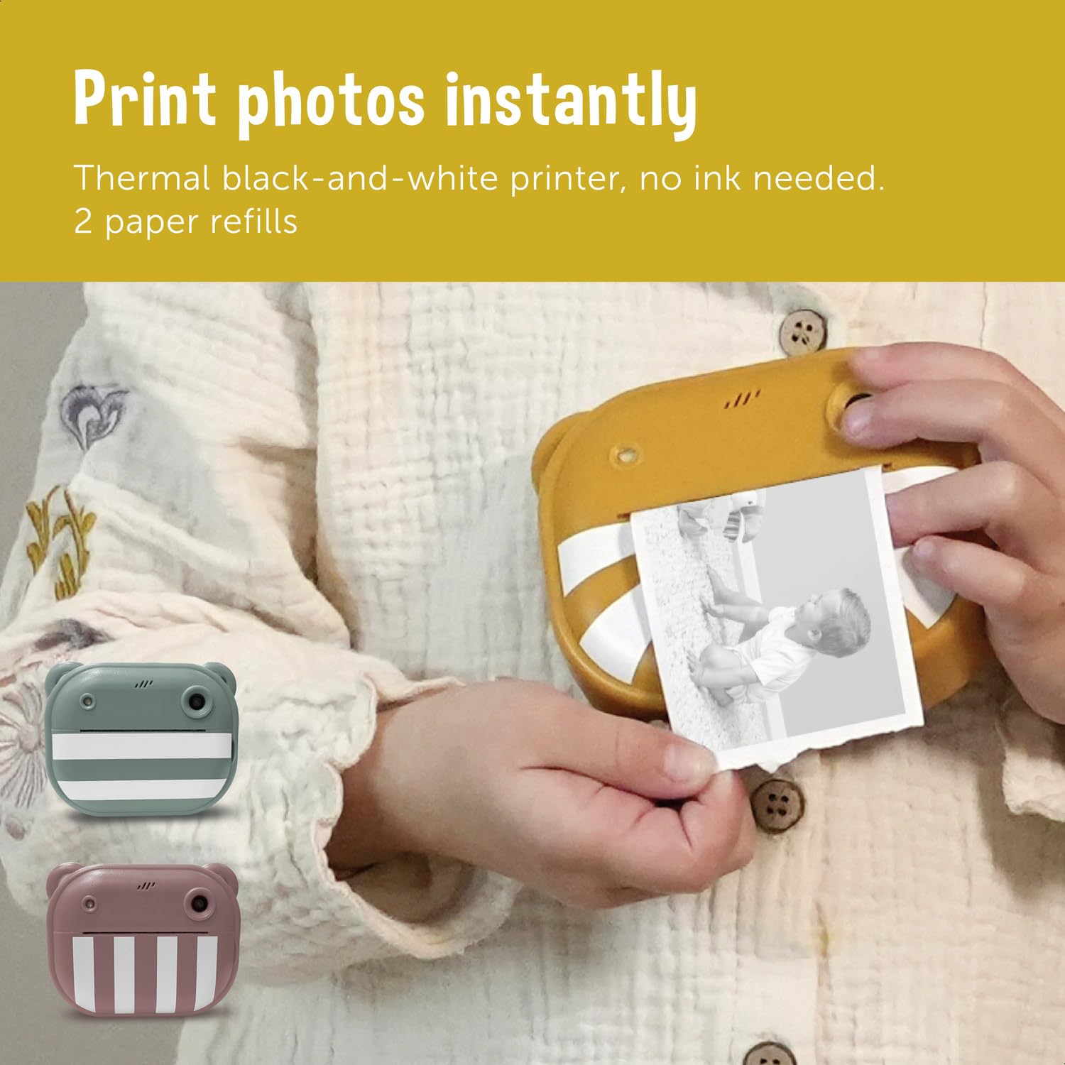 ZAZU Fotocamera digitale istantanea per bambini, foto ad alta risoluzione da 48 MP, display a colori da 2", video Full HD 1080P, stampa termica senza inchiostro, batteria ricaricabile, con 2 rulli di