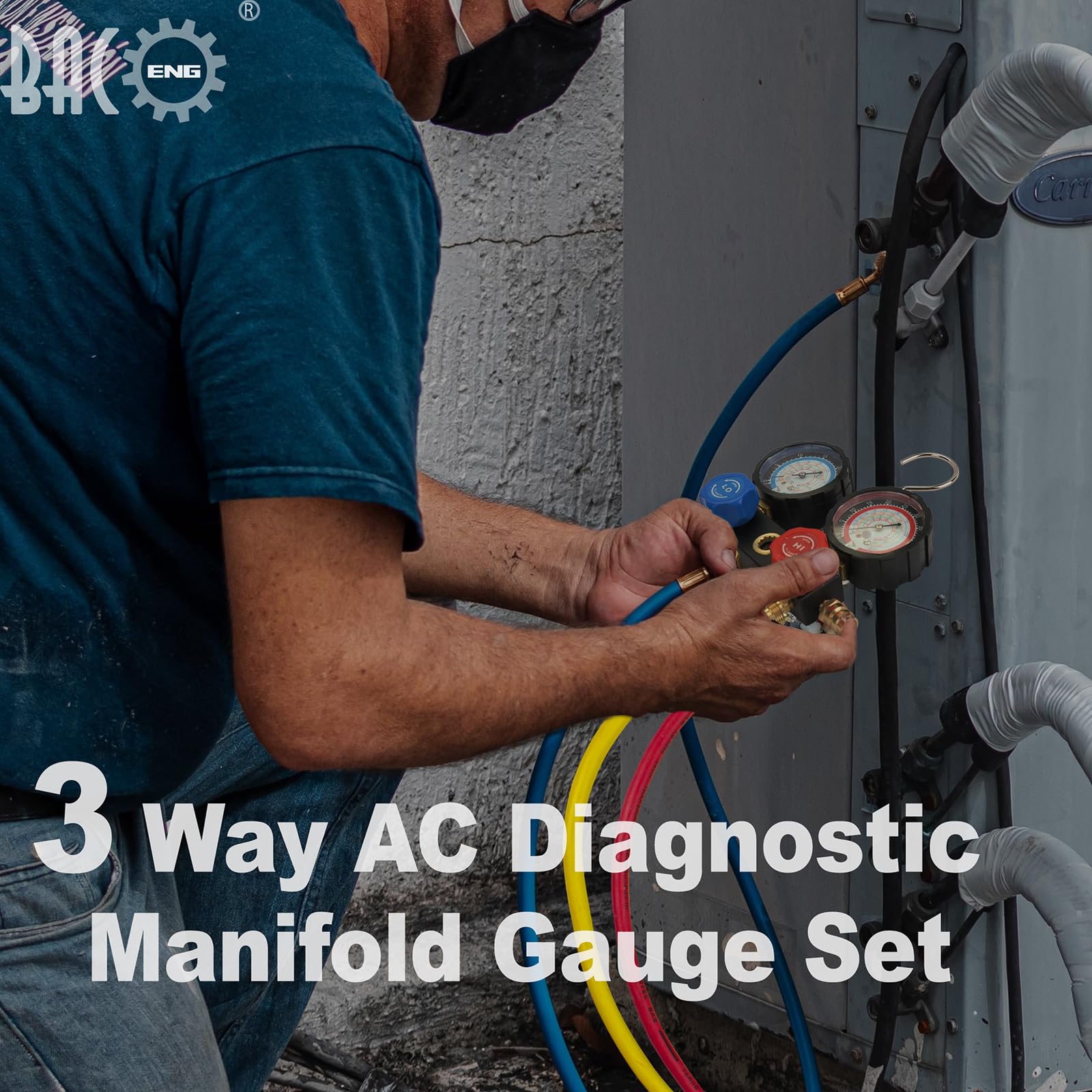 BACOENG Set Manometri Condizionatori, Kit Ricarica Aria Condizionata Auto con 1.5m Tubi per Auto Strumenti Diagnostici, Manifold Gauge Kit per R1234YF R32 R134A R410A Refrigerante