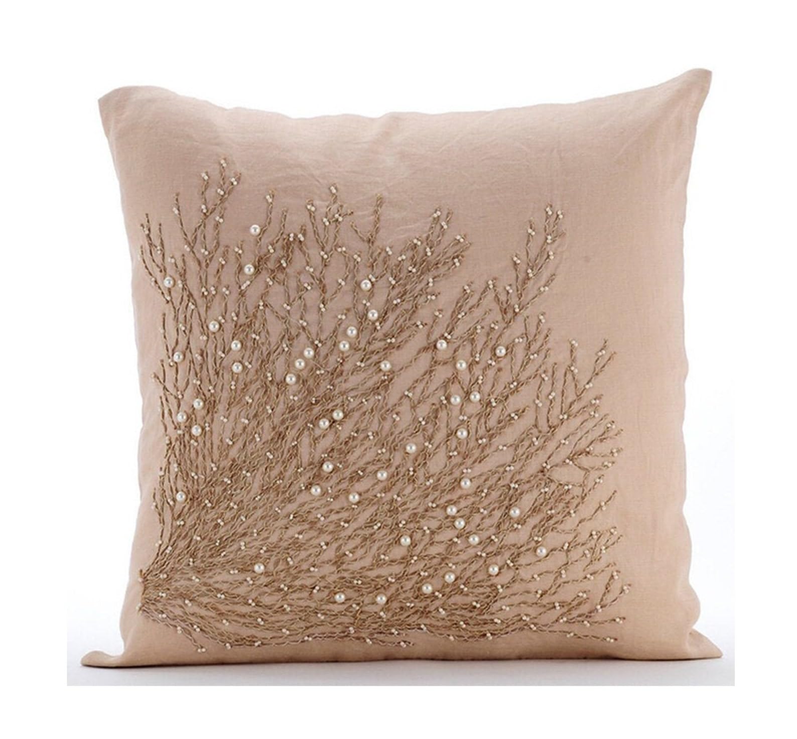 The HomeCentric Beige Euro Sham, 65x65 cm (26x26 inch) Euro Shams, Jute Tree Branch Euro Cushion Shams, Cotton Linen Euro Shams, Floral Contemporary Euro Shams, Art Deco Pillow - Jute Drought — image 1