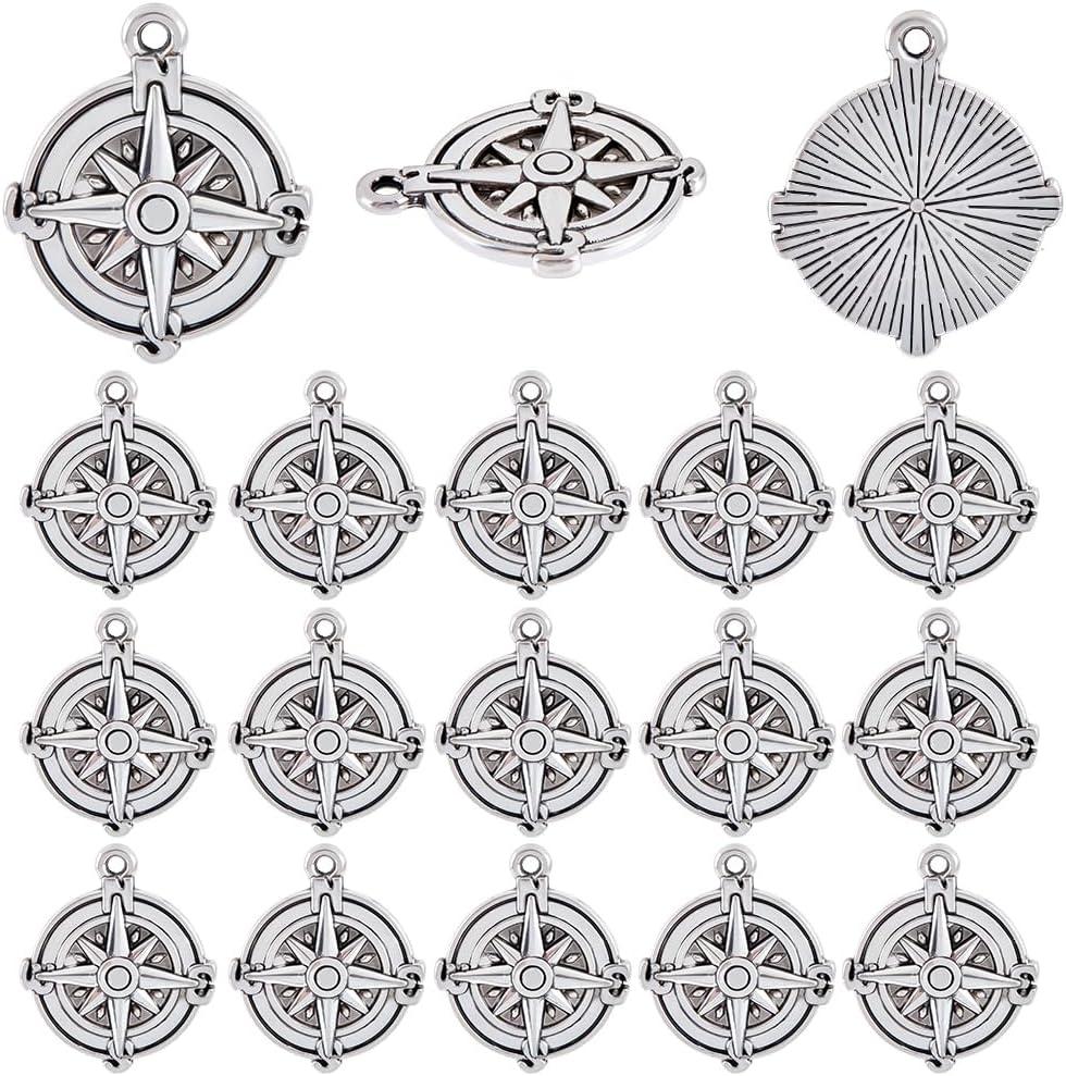 SUNNYCLUE 1 Box 50Pcs Silver Compass Charm Nautical Metal Charms Bulk Alloy Tibetan Style Antique Summer Hawaii Sea Ocean Anchor Pendants for Jewelry Making Necklace Earring DIY Craft Accessories