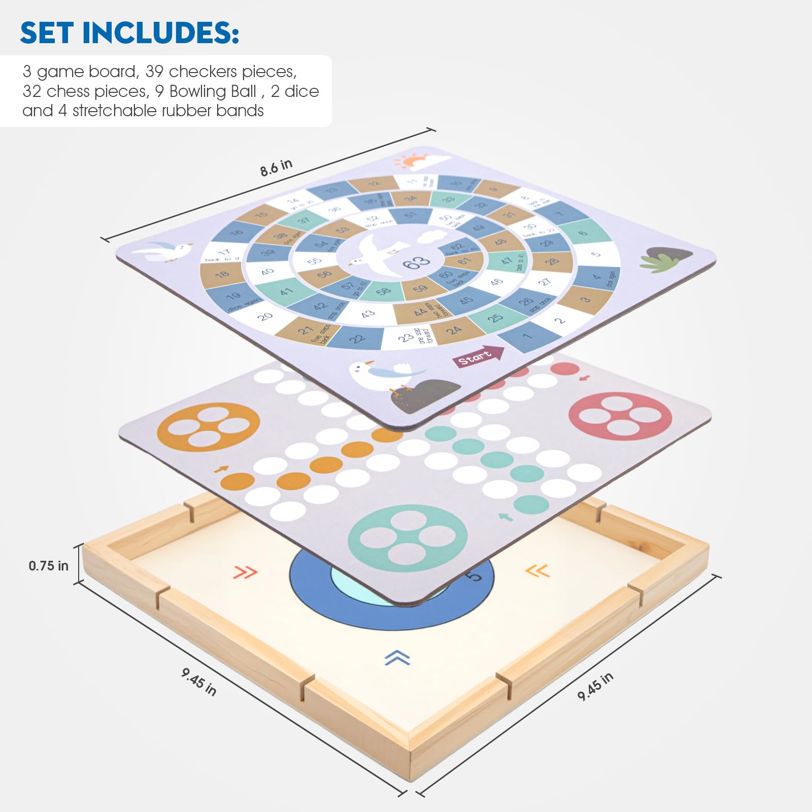 8 en 1 Set De Jeux De Société pour 2 à 4 Joueurs, Coffret de Jeux Classiques en Bois pour la Maison, Les fêtes, Les Voyages