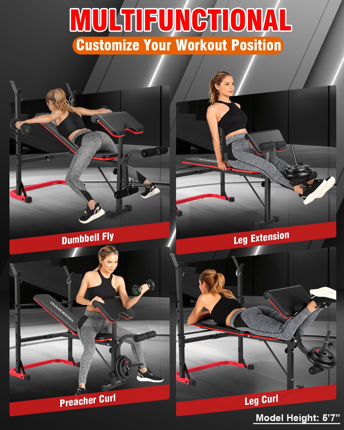 6 in 1 Weight Bench Set with Leg Extension and Leg Curl, 660 LBS Adjustable Bench Press Set with Preacher Curl Pad, Foldable Workout Bench for Home Gym, Strength Training for Teens/Adults