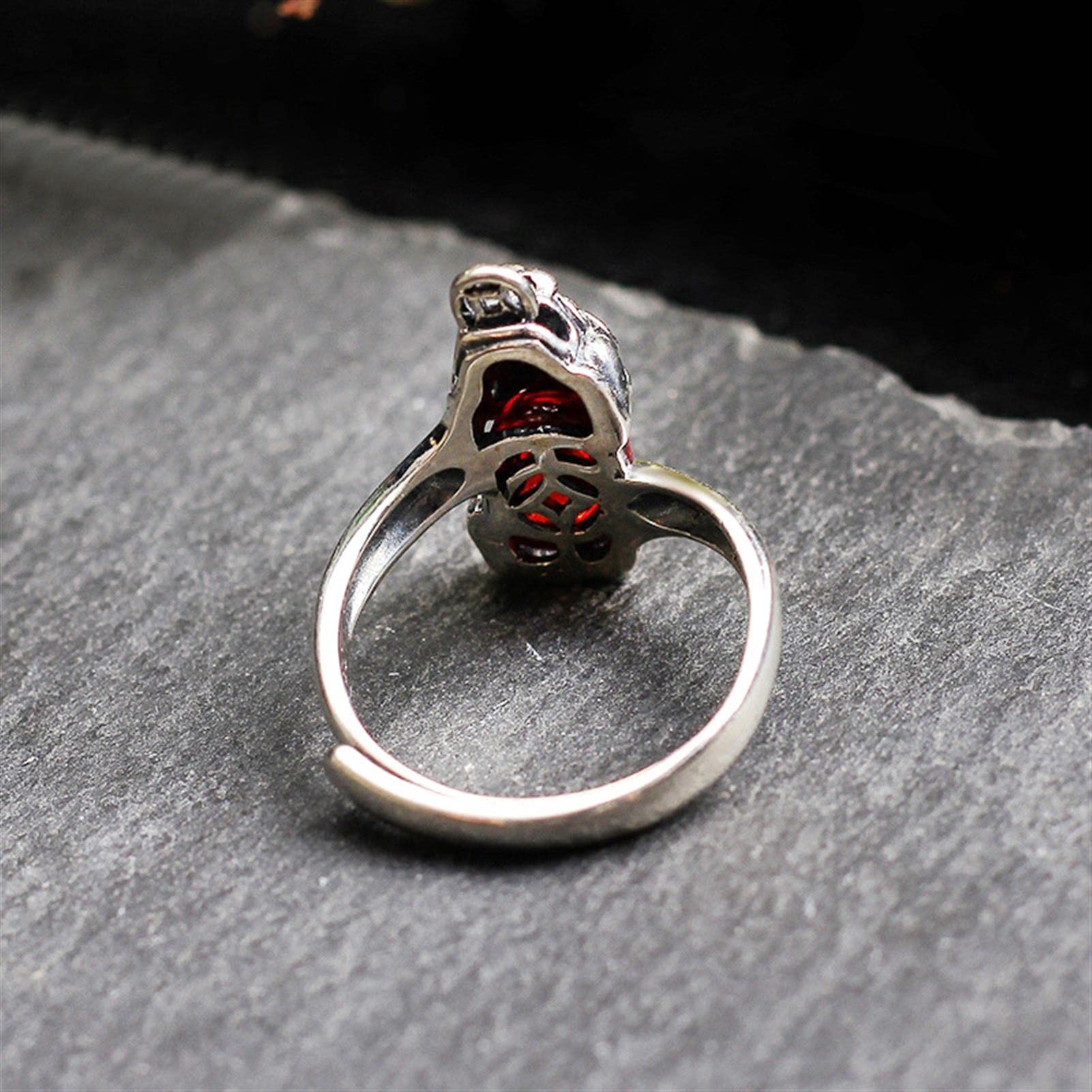 Vintage Glück Fingerring für Frauen 925 Sterling Silber Feng Shui Pixiu Offener Ring verstellbar mit roten Granaten Mamas Geschenk,Large,Adjustable