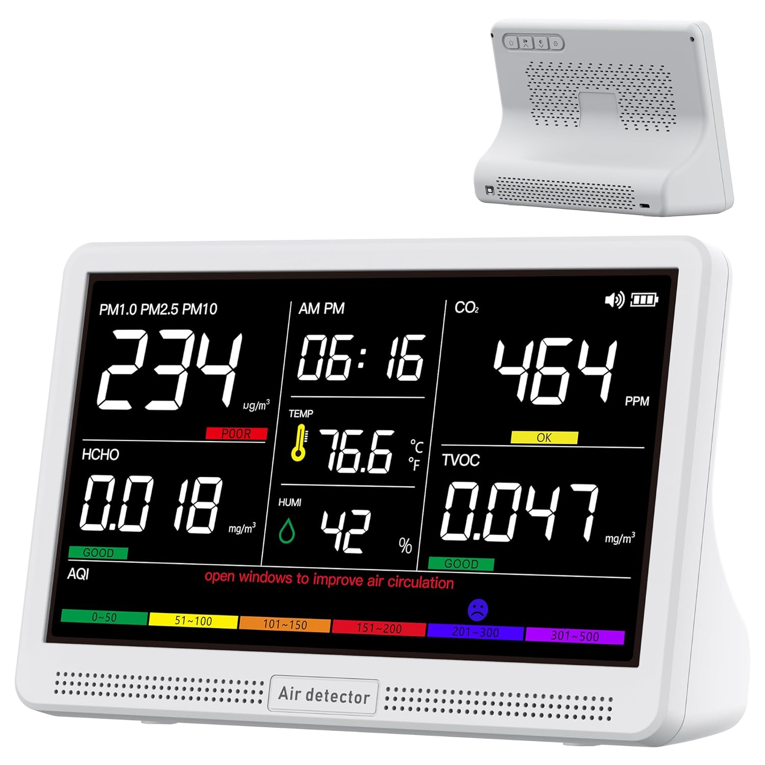 Product image of bonoch 16 in 1 Air Quality Monitor Indoor 7" Display 9 AQI+7 AQI Alerts, CO2 Monitor Air Quality Tester for CO2, TVOC, PM2.5 PM1.0 PM10, HCHO Temperature Humidity AQI & Time Air Quality Meter for Home
