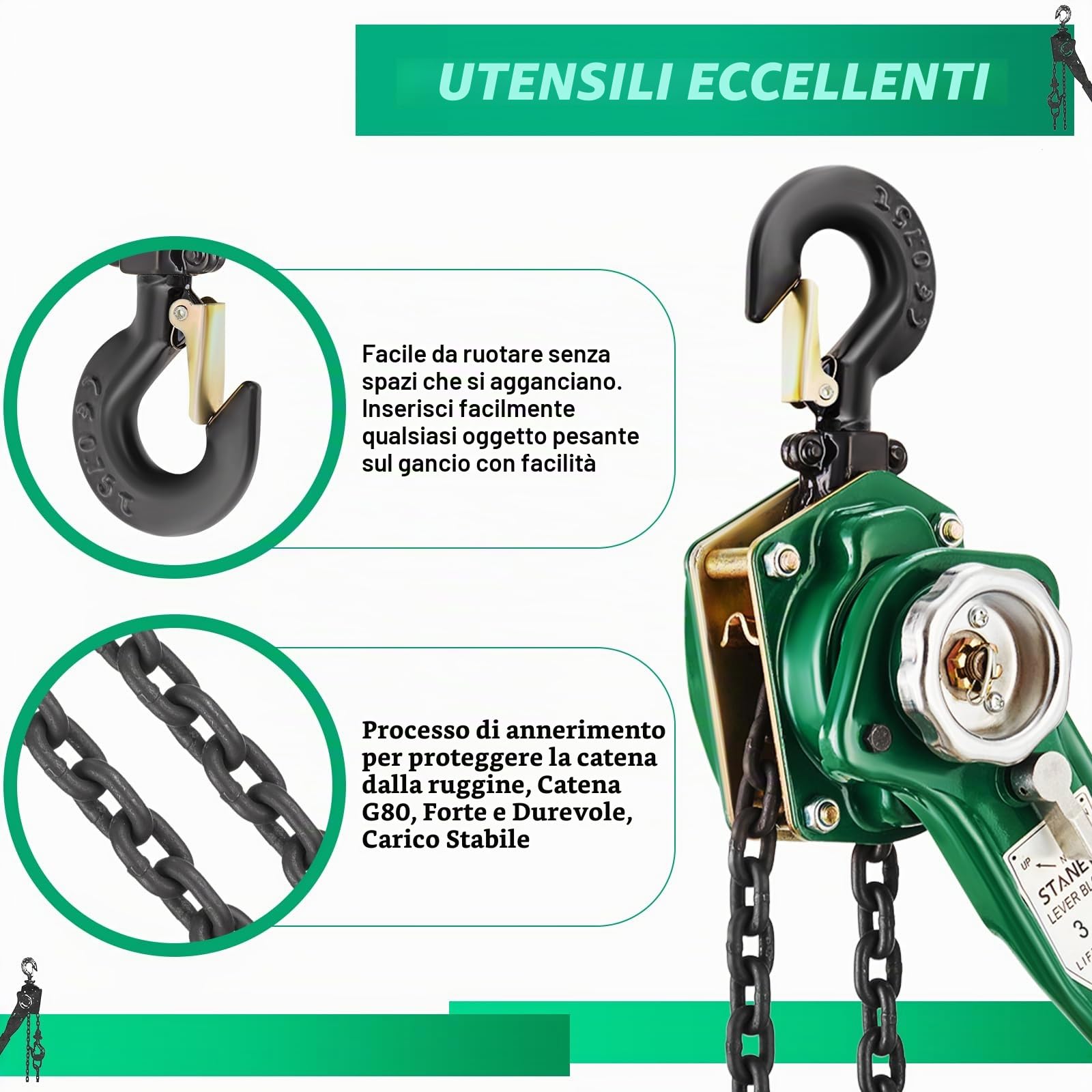 STANEW Paranco a Catena, Paranco a Leva Manuale Altezza di Sollevamento 2.8m, Capacità Max. da 3t, Catena in acciaio al carbonio G80, gancio girevole a 360°