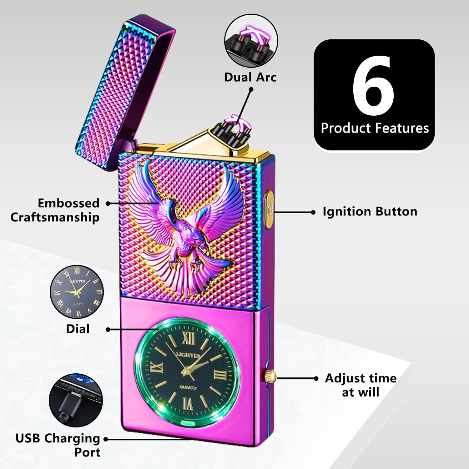 Electric Lighter USB Rechargeable Lighter, Windproof Plasma Dual Arc Lighters, Flameless Cool Clock Lighters with LED Battery Indication for Candles, Incense Stick, Outdoor Use (Magic, Eagle)