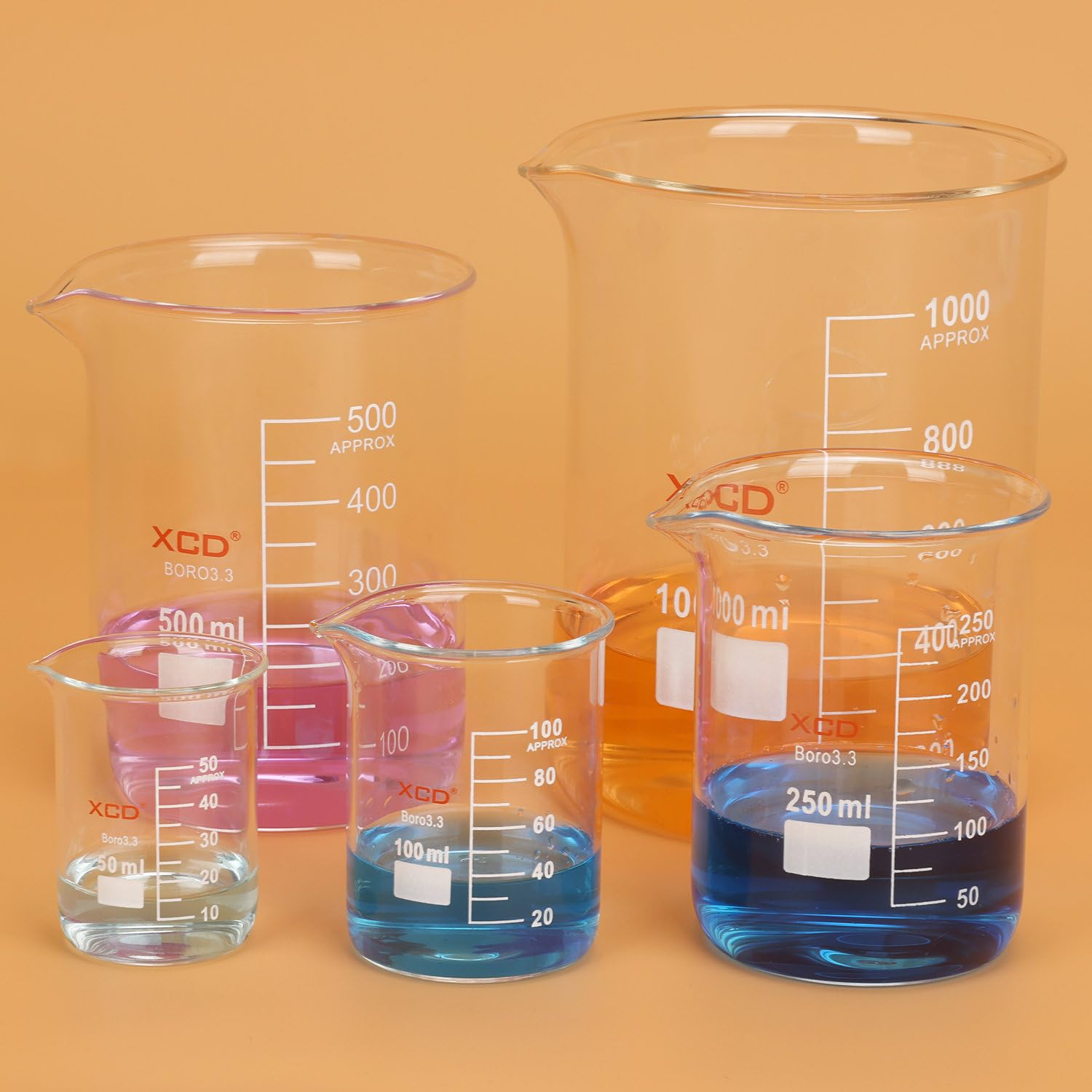 XCD Juego de vasos de vidrio de borosilicato, paquete combinado graduado de forma baja en 5 tamaños (50 ml, 100 ml, 250 ml, 500 ml, 1000 ml)