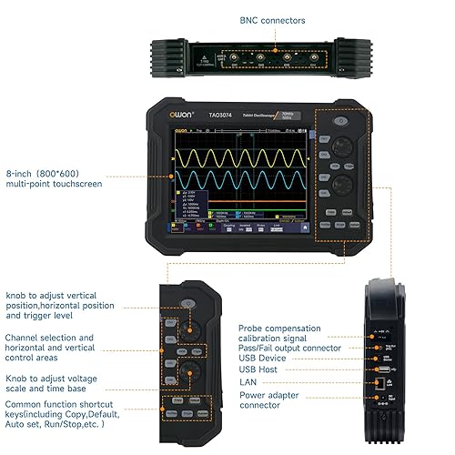 Miniatura 10 de OWON Osciloscopio digital portátil TAO3104 de 4 canales de 8 pulgadas con ancho de banda de 100 MHz y frecuencia de muestreo de 1GSs, compatible con