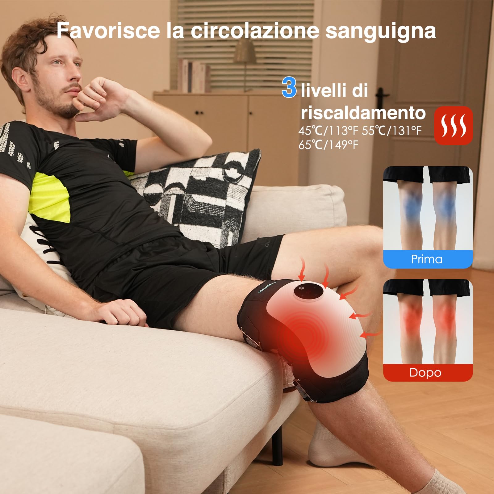 Massaggiatore Ginocchio Terapia Calore e Vibrazione，3 Livelli Calore | Sollievo Rapido dal Dolore, Ginocchiera Elettrica Wireless, Compressione Aria e Batteria 5000mAh, 3 Modalità Massaggio