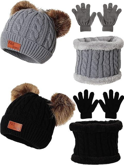 Rcanedny 6 Pack Kids Winter Warm Beanie Hat Scarf Gloves Toddler Double Pompom Knit Hat Winter Cap Gloves Neck Warmer Set for Boys Girls, 2 Colors