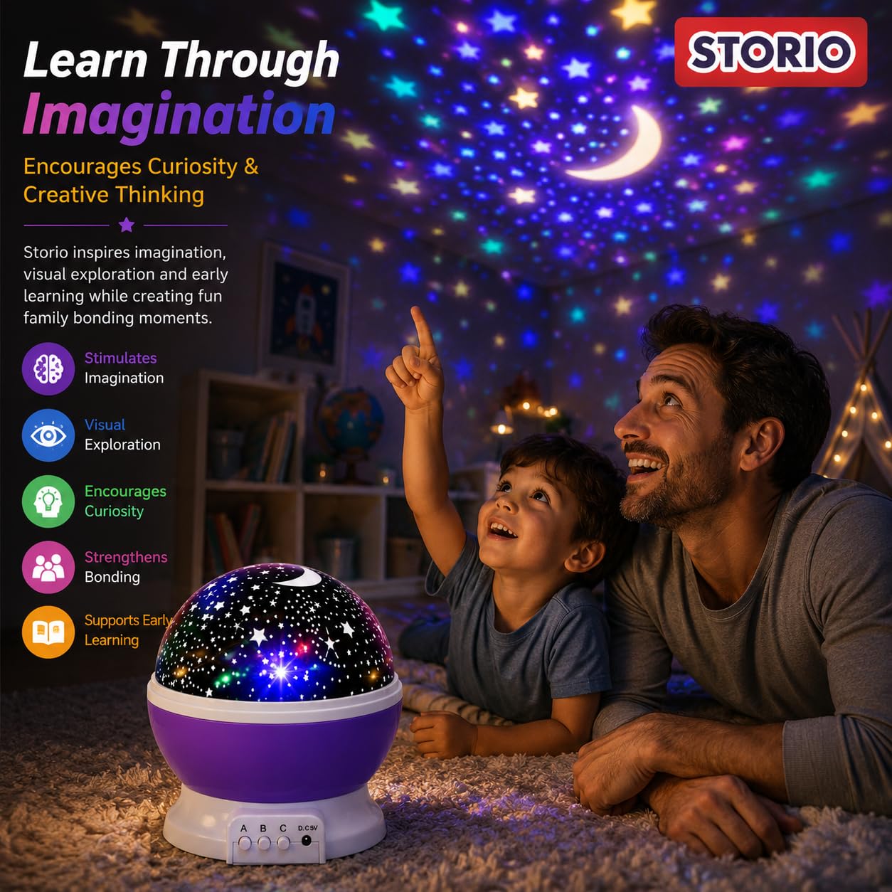 Storio Plastic USB Powered New LED Born Baby Mini Projector Toy - Sooth Relax Sleep Help for Parents - Light Show and Learning for Kids (Round Shape) 3
