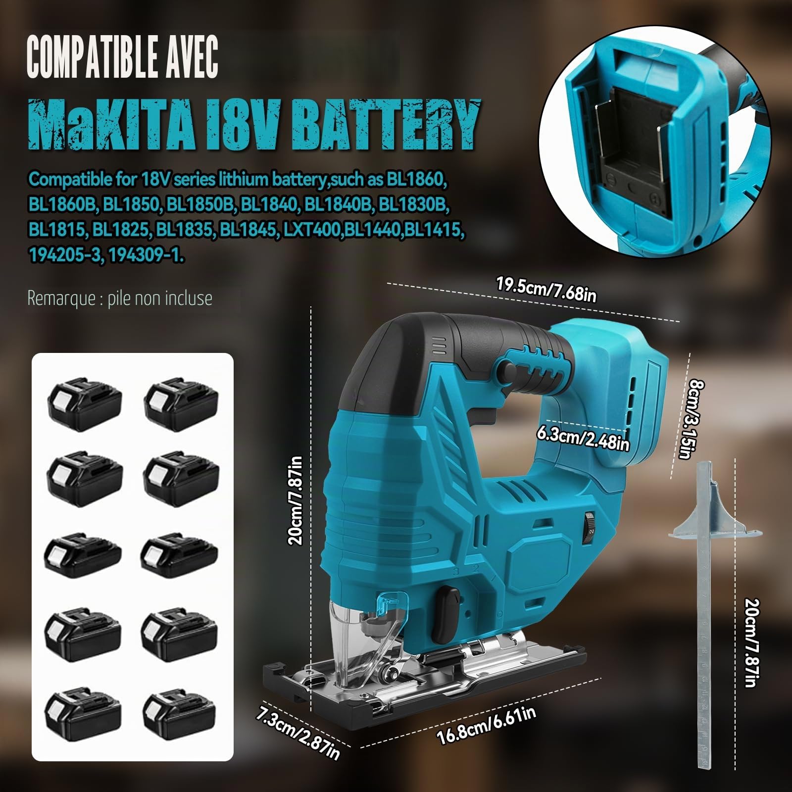Scie sauteuse sans fil pour Makita 18 V, scie électrique excentrée sans balais de 800 W avec 5 vitesses variables, angle de coupe à angle de ±45°, 6 lames de scie à manche en T (sans batterie)