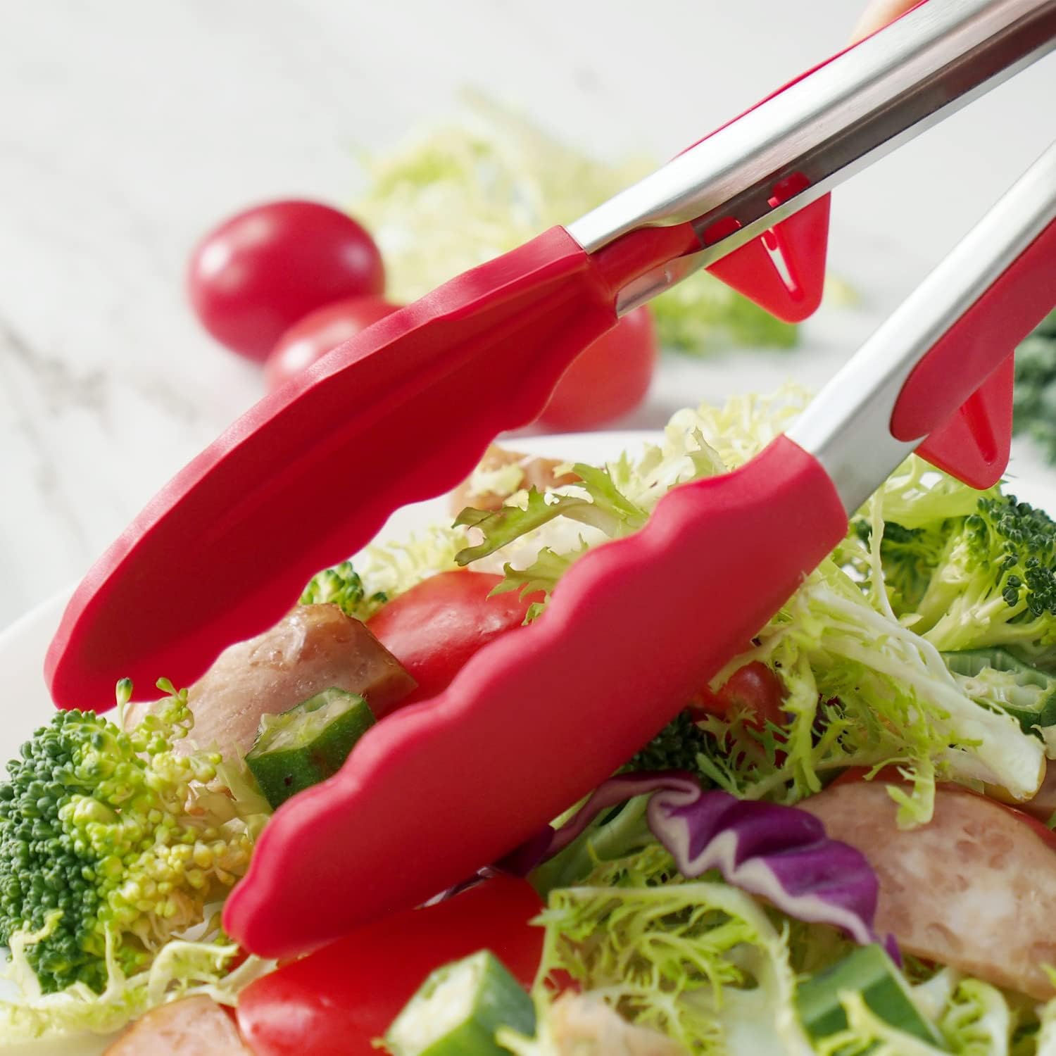 ZELKEY Microwave Safe Stainless Steel Oven Tongs (12 INCH, (RED))