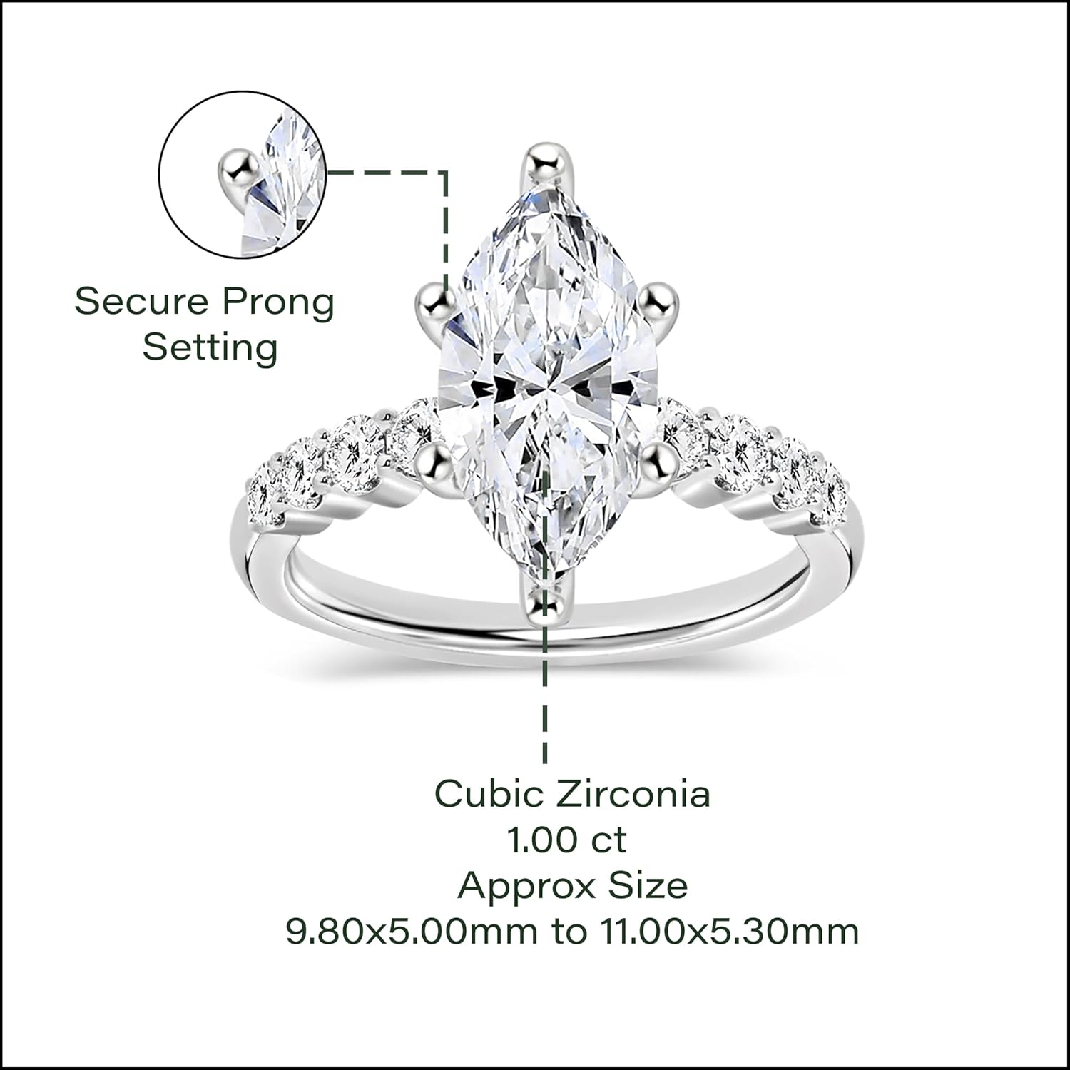 Dazzlingrock Collection Marquise (1.00 CT) & Round (0.23 CT) Lab Grown White Diamond or Cubic Zirconia 6 Prong Solitaire Engagement Ring for Women in 925 Sterling Silver