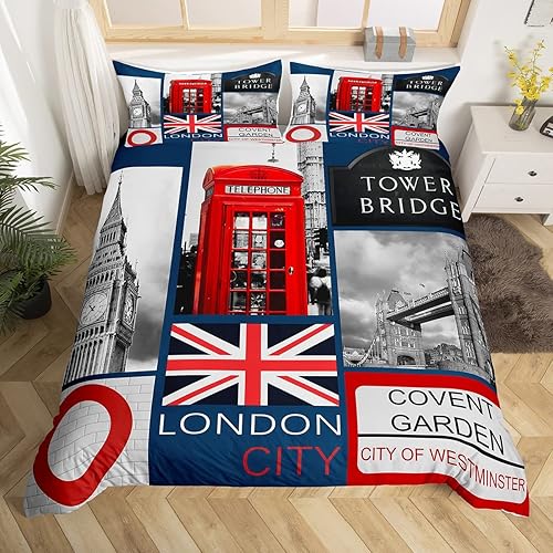 Londres - Juego de ropa de cama romántica con diseño de edificio urbano para adolescentes y niños, funda de edredón grande doblada con puente de la