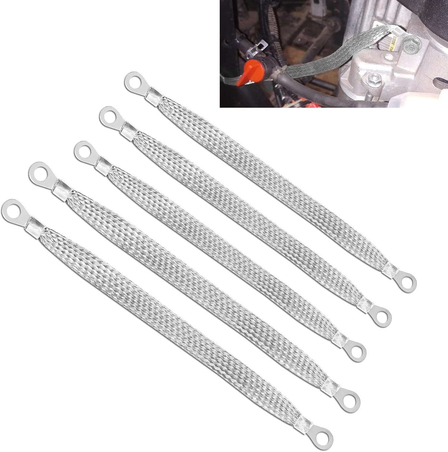 5PCS Universal Flat Braided Copper Ground Straps, Ground Wire, Three 10" and Two 13" Grounding Cable Straps with Terminals Plugs, Universal Heavy Duty Braided Wire Kit for Most Vehicles