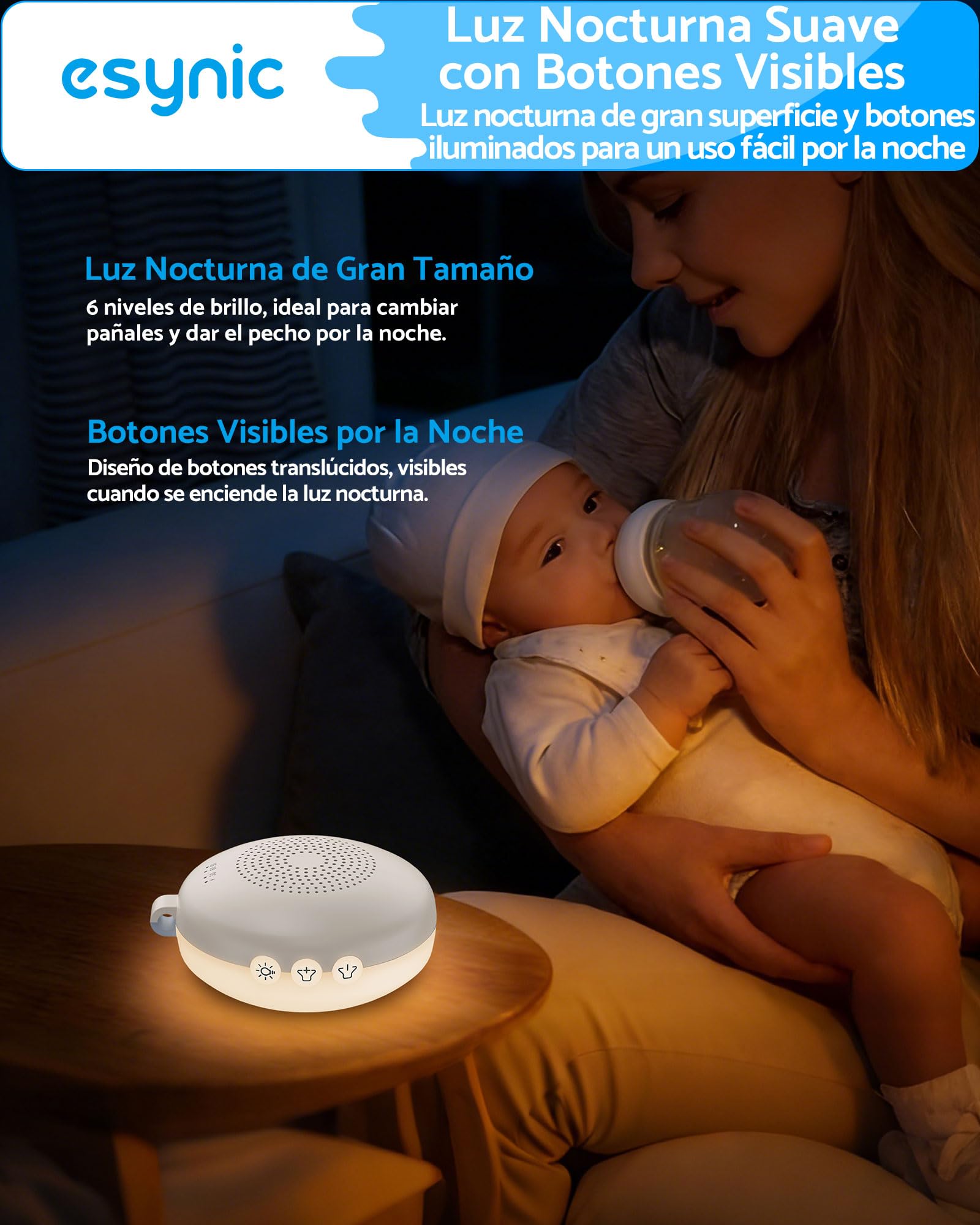 eSynic Mini Máquina de Ruido Blanco para Bebés y Adultos Recargable Máquina de Sonido Portátil con Luz Nocturna Ajustable Aparato de 12 Sonidos Relajantes Temporizador Anillo Colgante Desmontable