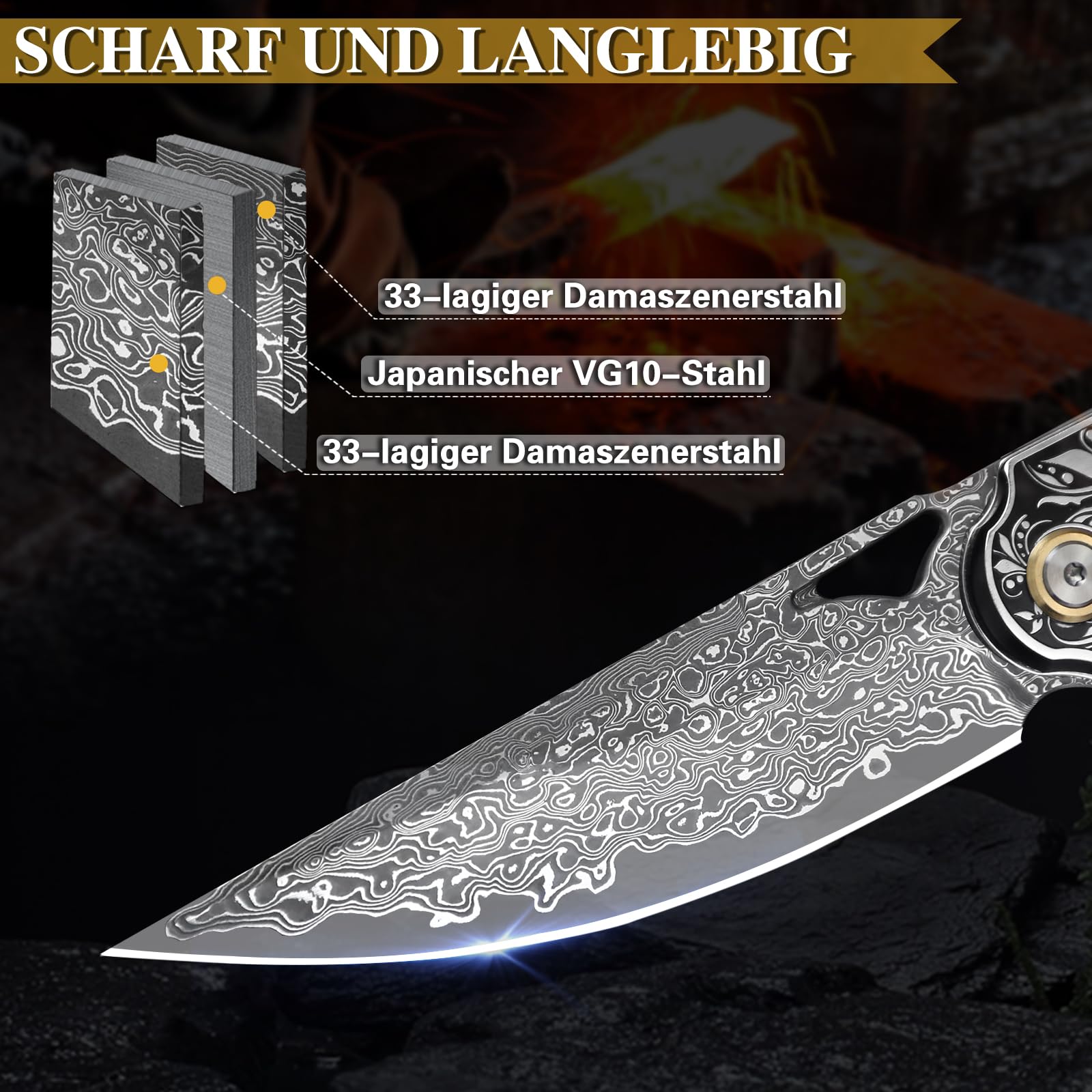 Handgefertigtes Taschenmesser aus Damaszenerstahl, Unisex-Klappmesser mit Lederscheide und Taschenclip, mit rutschfestem Holzgriff. Ideal für Outdoor-Abenteuer und als EDC-Campingmesser.