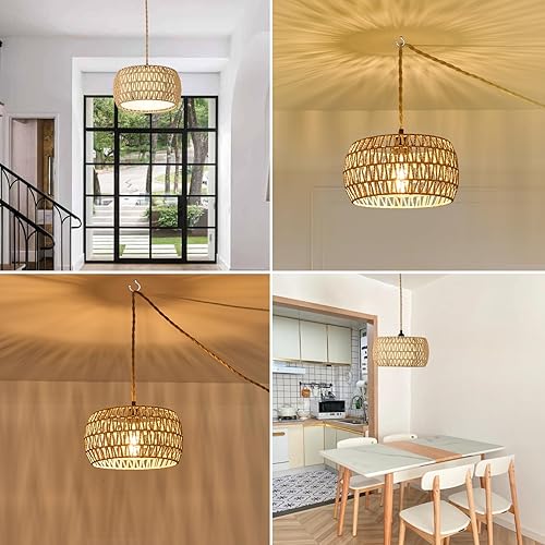 Miniatura 5 de Lámpara colgante de ratán bohemio de 12 pulgadas, lámpara de araña de mimbre rústica tejida a mano con cable para comedor, cocina, dormitorio,