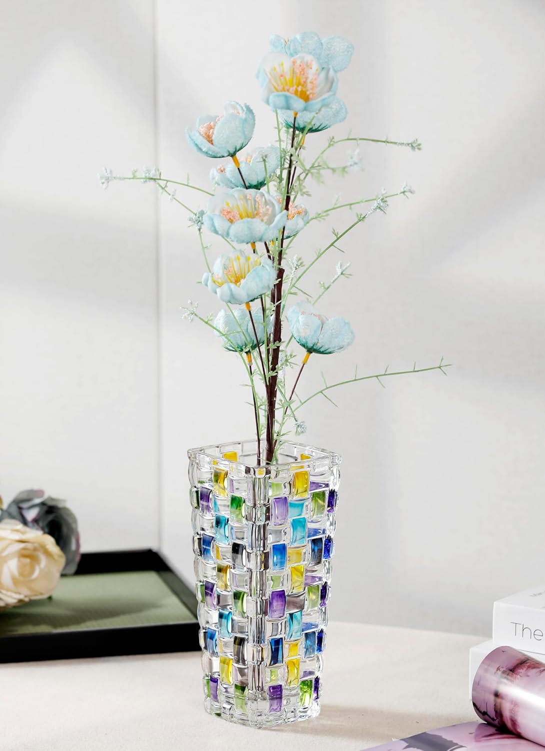 Magcolor Hand Painted Blue Woven Glass Vase -Crystal Flower Vase- 7.7 inch, Glass Plant Vase for Floral Arrangements, Centerpieces, Weddings, Housewarming, Centerpiece Home Deco. - Image 6