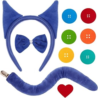 JIALWEN Blue Cat Ears Headband and Tail Bowtie with 6 Button Patches & 1 Heart Patch Felt Stickers Halloween Cat Costumes Set Cosplay Party Dress Up Accessories