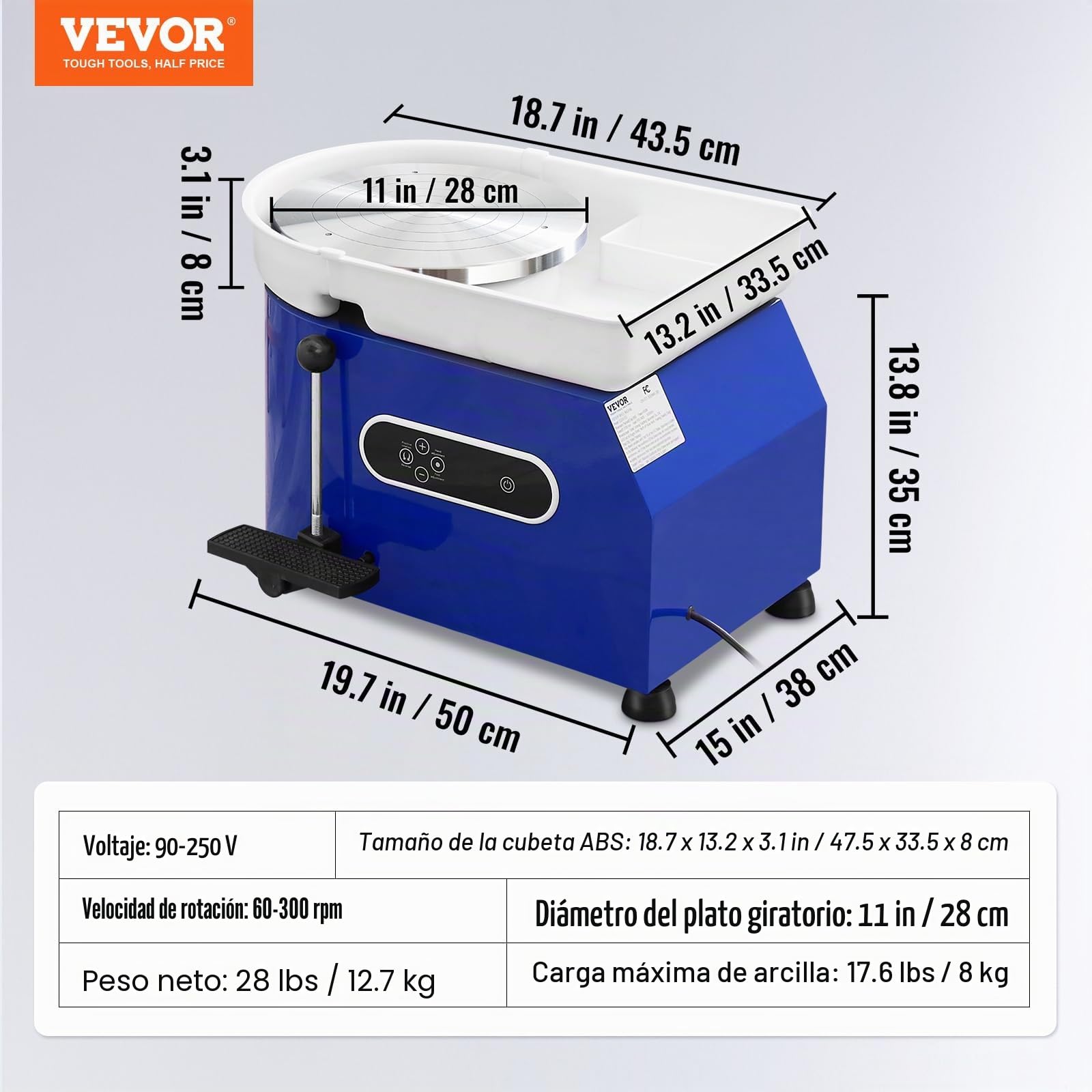 VEVOR Máquina de Rueda de Cerámica Eléctrica Diámetro de 28 cm Torno de Alfarero Eléctrico 450 W Máquina de Arcilla de Cerámica 0-300 rpm Carga Máxima de 8 kg con Pedal para Modelar Artesanía Cerámica