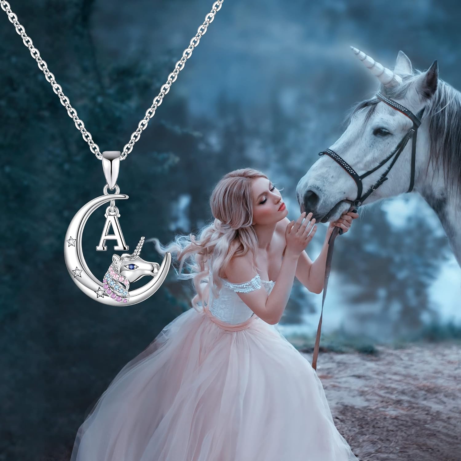 Miniatura 3 de Regalos de unicornios para niñas, collar de unicornio chapado en oro blanco de 14 quilates, oro rosa, luna creciente, collares de unicornio para
