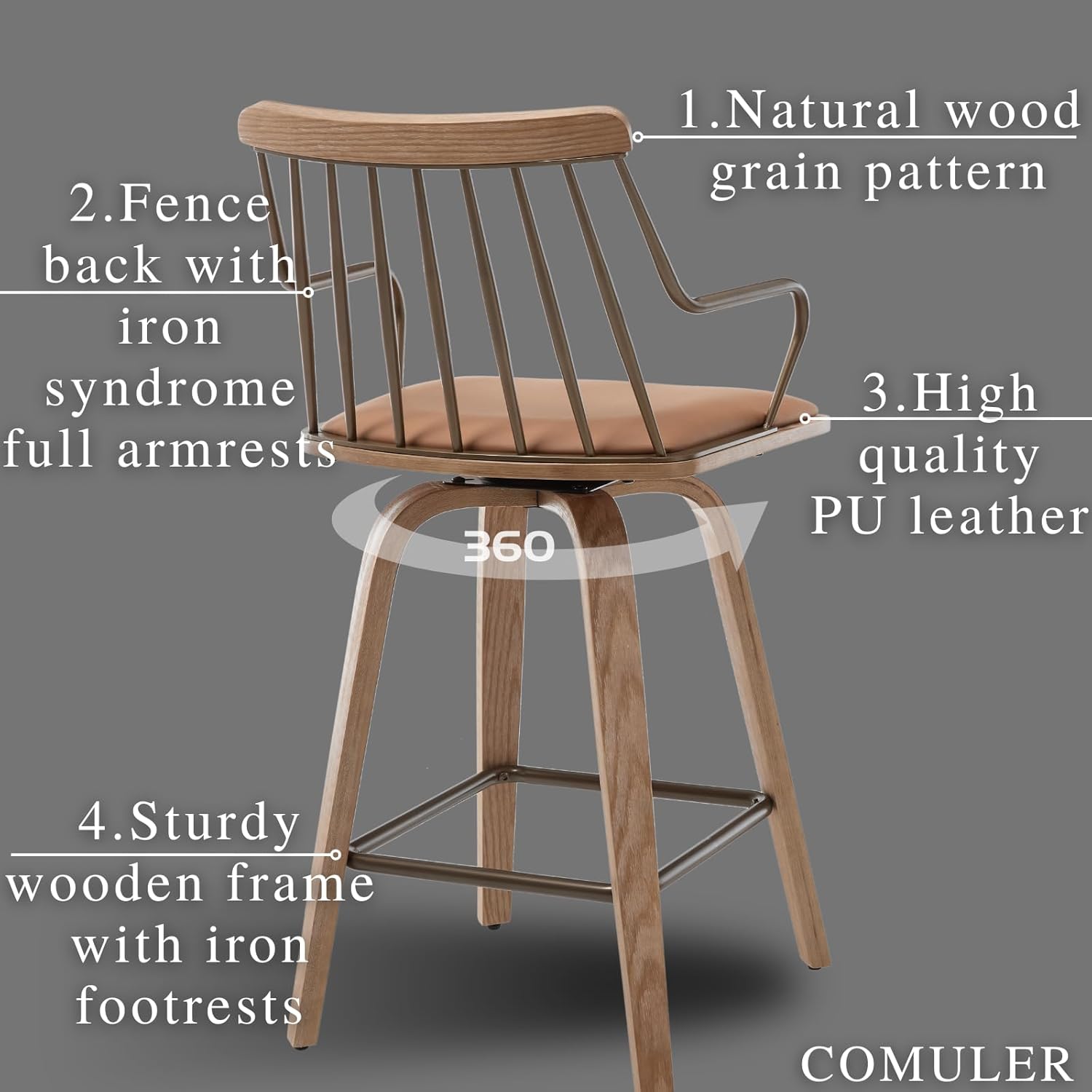 26 Inch Counter Height Bar Stool, Swivel Counter Stools with Curved Arm and Footrest, Upholstered Wood Barstool with Metal Fence-Like Back for Kitchen Island Home Bar Pud(Brown Pu)
