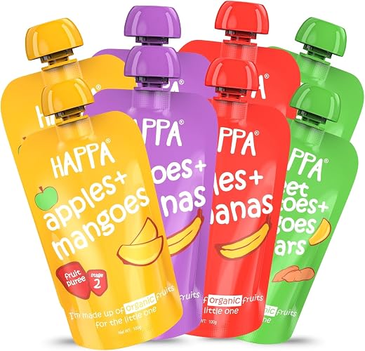 Happa Healthy Baby Food Puree | 100% Fruits and Vegetables | No Added Sugar, No Milk Powder, No Preservatives | Stage 2 (6 Months+) | Ready to Eat | Free from Common Allergens | Pack of 8 (100g Each)