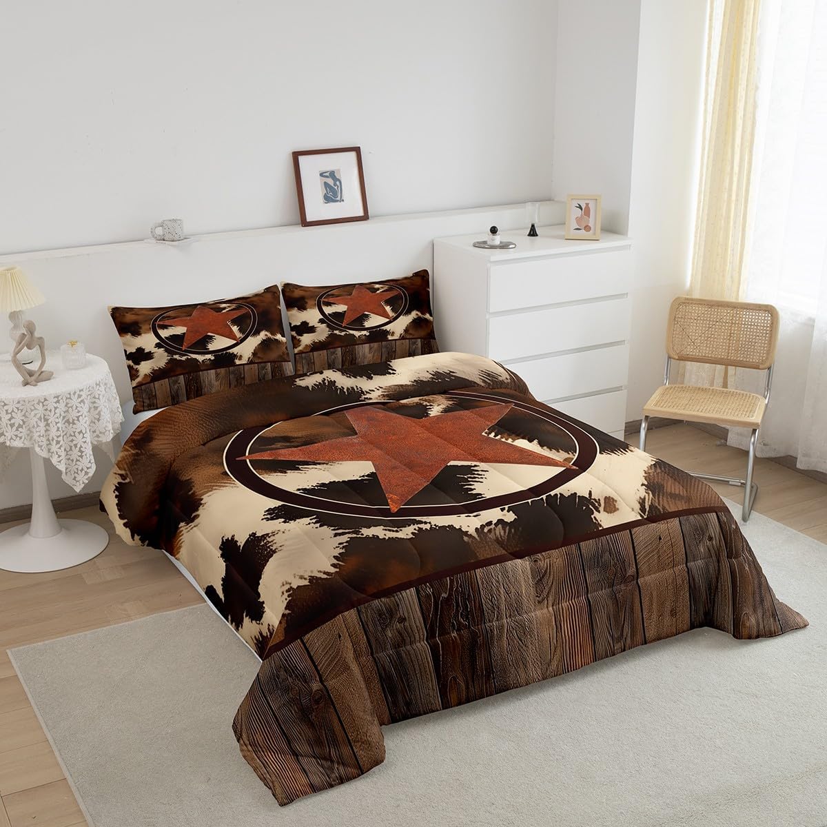 Feelyou Western Decor Comforter Set Queen Size Texas Star Print Comforter Set for Boys Girls Teens Cow Fur Print Bedding Set Cowboy Duvet Set Orange Brown Quilt Set