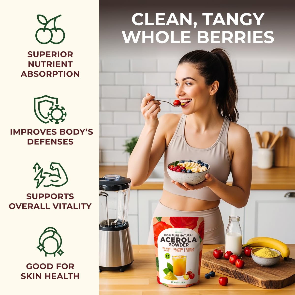 Gya Tea Co Acerola Cherry Extract Powder 1.1 lb (17.64 oz) - Natural Superfood Dried Premium Quality Fruit Powder for Drinks, Baking & Smoothies - No Sugar & Additives, Non-GMO