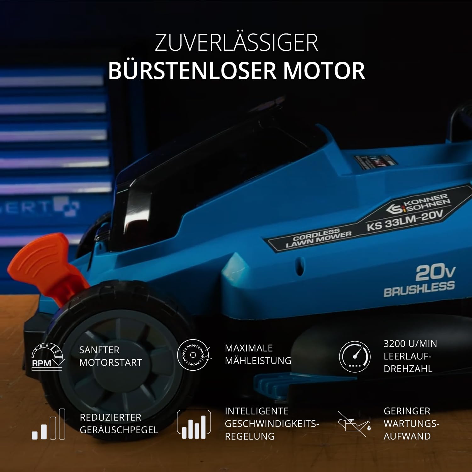 K&S Könner&Söhnen Zestaw do urządzeń ogrodowych zasilanych akumulatorem, do pielęgnacji trawnika, KS 33LM-BCT20V-SET 20 V i kosiarka (5 pozycji) do pielęgnacji trawnika, ładowarka + akumulator 4 Ah