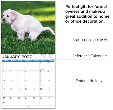 2027 Wall Calendar 12 Monthly Pooping Dogs Calendar 2027, Jan 2027 - Dec 2027, Funny Dog Calendar Gag Gifts, 11.8 x 23.6 (Open), 11.8 x 11.8(Closed), Perfect White Elephant Gift Funny