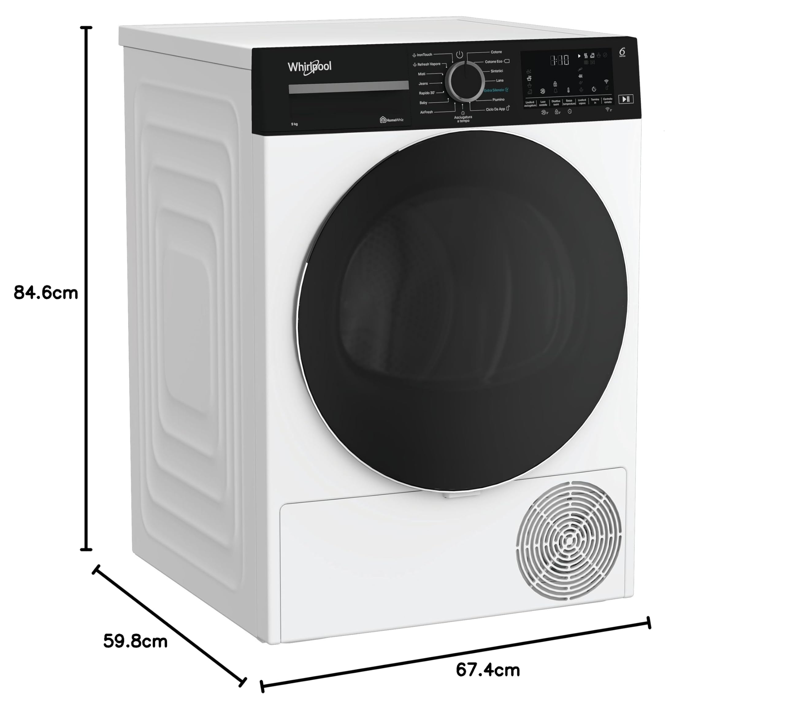 Whirlpool C WD 94M WBS IT – Asciugatrice 9 Kg A Pompa di Calore, Libera Installazione, Classe C, 6° SENSO, Adaptive Dry, Irontouch, Motore Senseinverter, Airfresh 84,6 x 59,8 x 67,4 cm