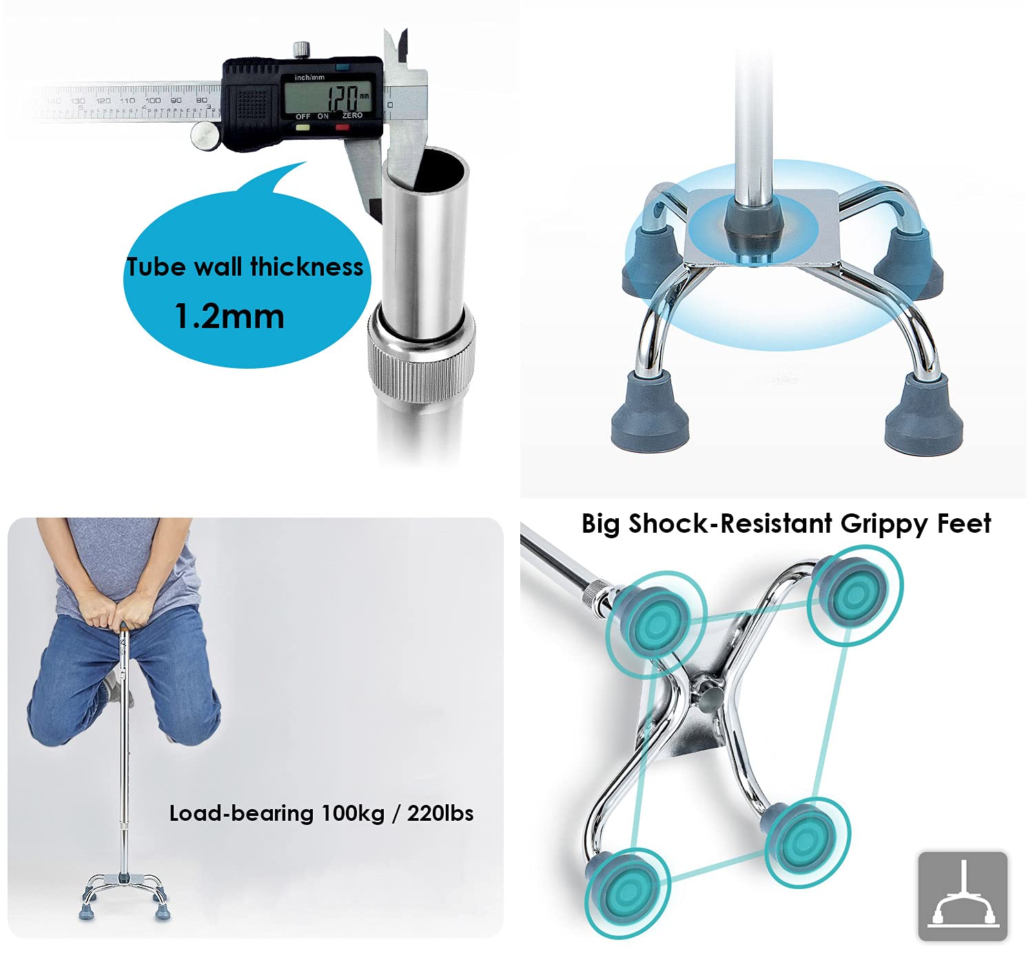 Stampelle Quad Regolabili, Bastone da Passeggio Leggero, Bastone ergonomico, ausilio per la Mobilità per Anziani, disabili, Portata Massima 100 kg