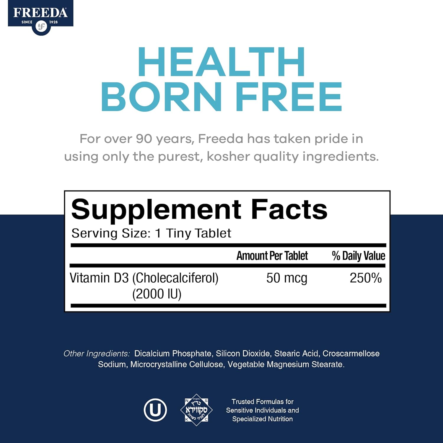 FREEDA Pure Vitamin D3 2000 IU – Moderate Strength – Bone Health, Joint, Muscle & Immune Support – VIT D3 Vitamin D Supplement for Women & Men – 50 mcg 2,000 IU Easy-to-Swallow (250 Tiny Tablets)