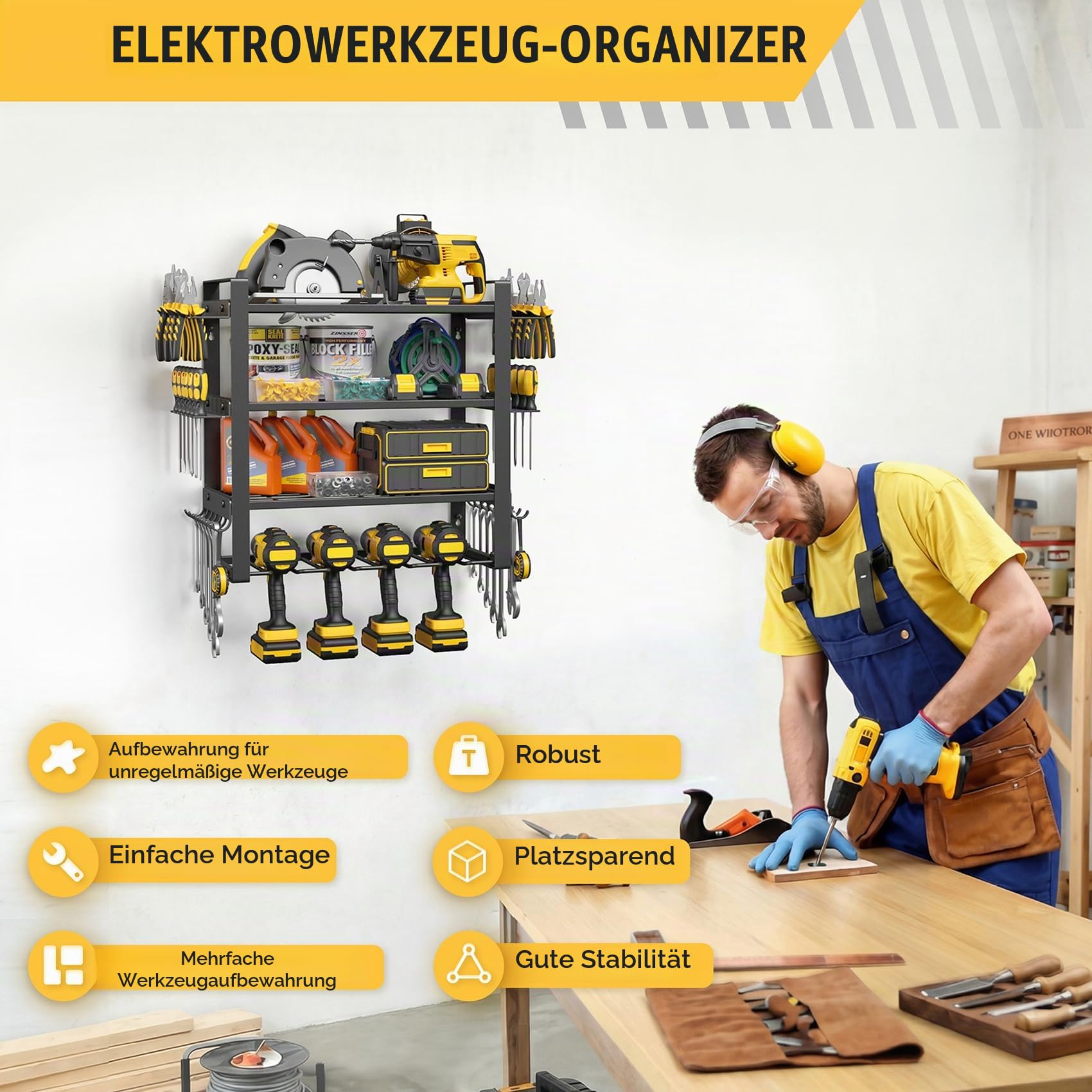 Jusgym Werkzeug Wandhalterung, 4 Ebenen Schwerlast Werkstatt Wandregal mit 4 Akkuschrauber Halterung, bis 90kg Tragfähigkeit, multifunktionales Garage Organizer Werkzeugregal für Werkstatt & Garage