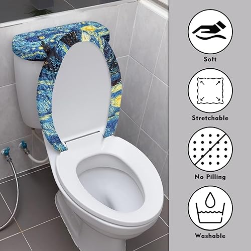 Miniatura 3 de Van Gogh - Juego de 2 fundas para tapa de inodoro con estampado de noche estrellada, funda alargada para asiento de inodoro y alfombra, resistente a