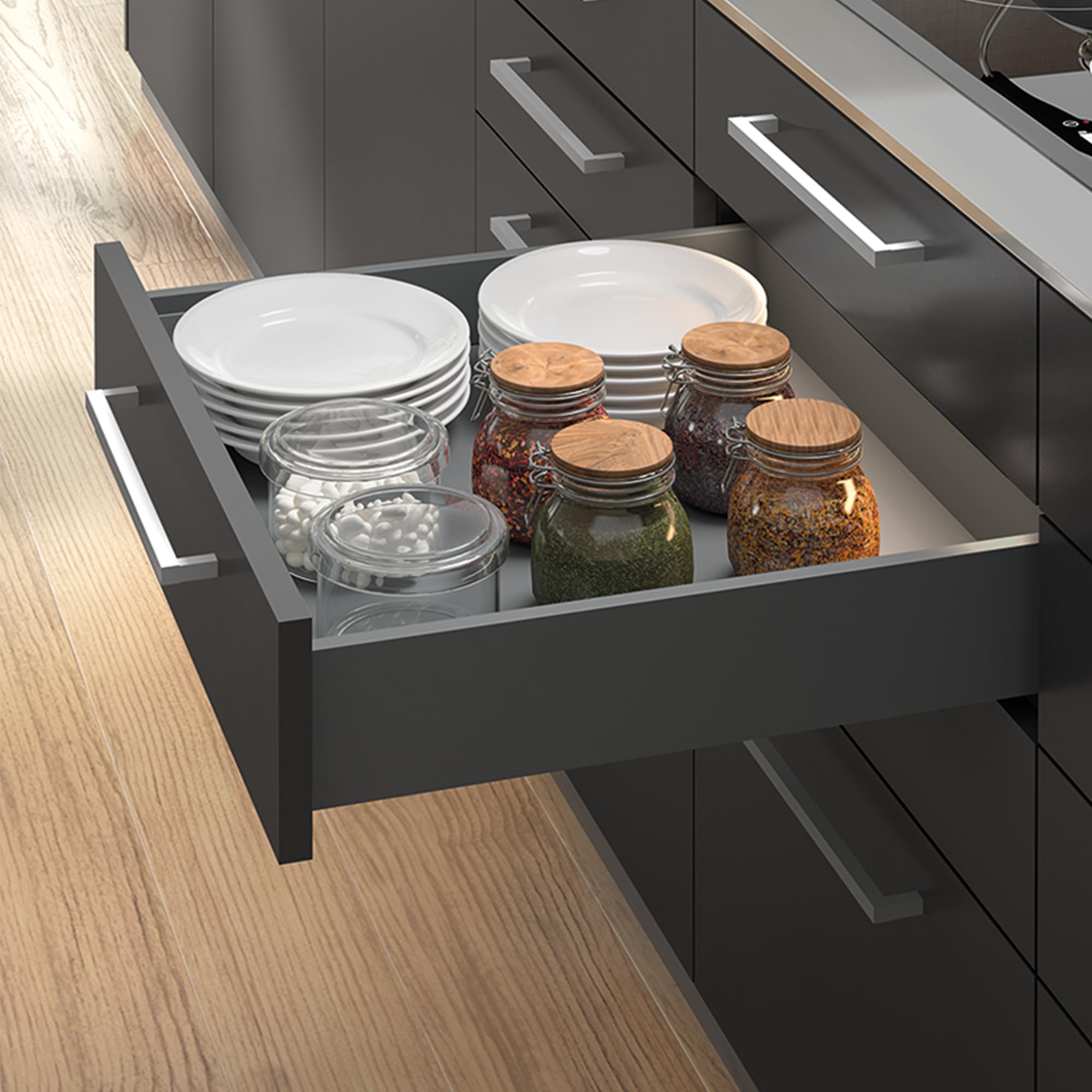 Emuca - Lade kit voor keukens of bad met 3D-regeling, hoogte 178 mm, diepte 550 mm, 40 Kg, zachte sluiting, Panelen niet meegeleverd, Staal