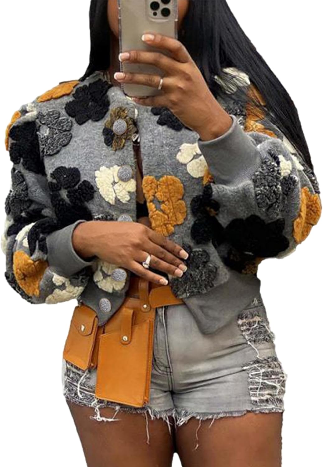 OPCAKM Women's Cropped Floral Print Shacket Jackets Round Neck Long Sleeve Bomber Coat Outerwears