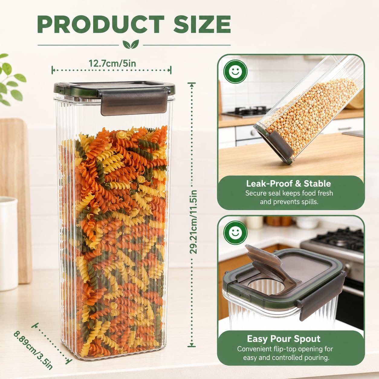 Plastic Pasta Containers, Spaghetti Container Storage, 74oz Set of 3 with Easy-Seal Lid, Pasta Storage Containers, Airtight Square Food Storage Jars for Spaghetti, Pasta, Flour, Oats, Cereal. image 2