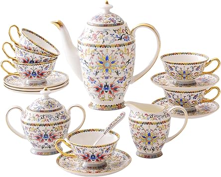 Fine Bone China Tea Set, 15-Pieces Coffee Cup Set with Teapot & Sugar Bowl & Cream Pitcher, Afternoon Tea Party