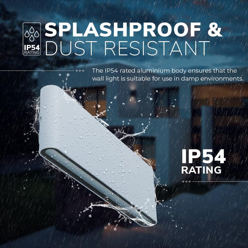 Graphic indicating IP54 rating for splashproof and dust resistant properties of the wall light.