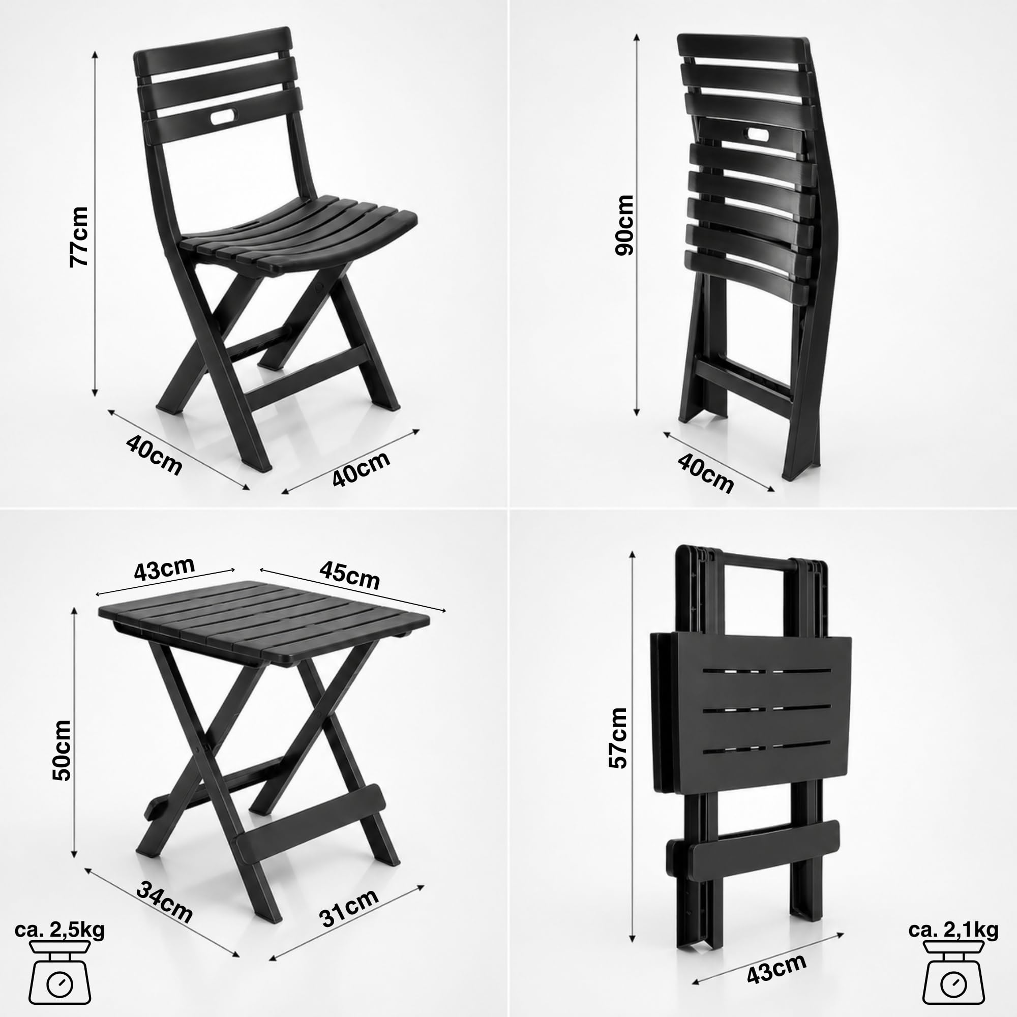 BigDean 2 chaises de jardin et 1 table de jardin pliables, anthracite, résistantes aux intempéries