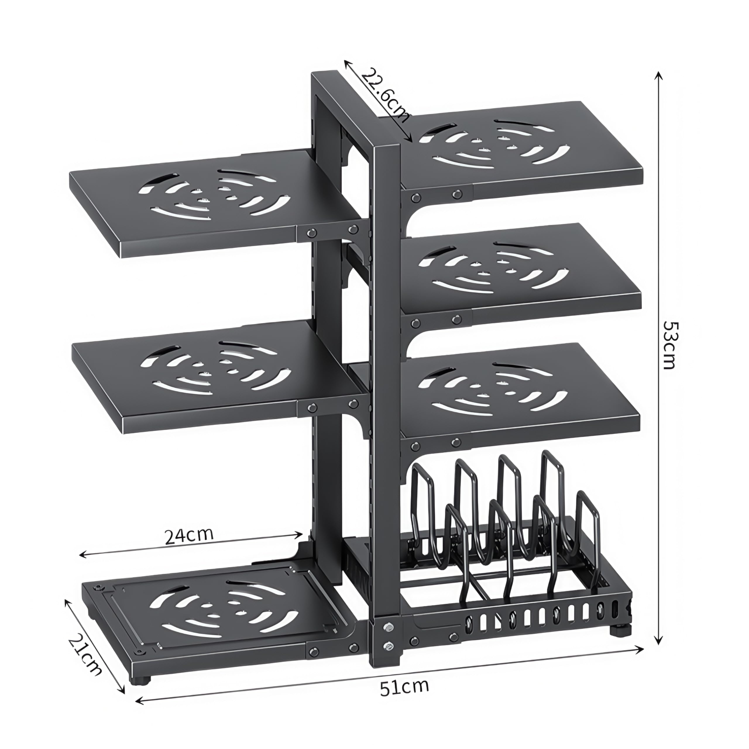 Töpfe Organizer für Schrank verstellbar Fächern Topf Pfannenhalter 4/5/7 Etagen Pfannen Organizer Pfannenständer mit Topfdeckelhalter für Küchenschrank (7 Etagen, Schwarz)