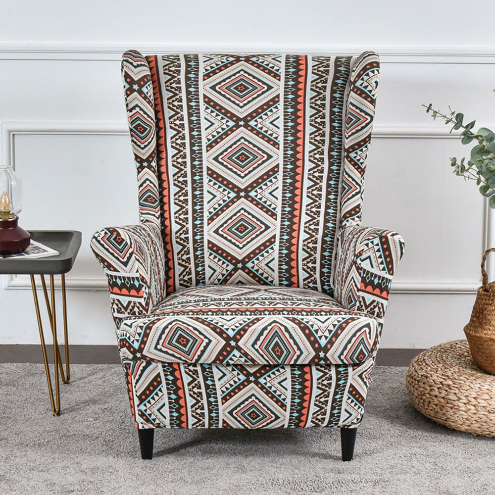 Chickwin Stretch Wingback Chair Slipcover, Classical Living Room Chair Covers Furniture Protector, Spandex Wing Back Chair Covers with Arms (Boho)