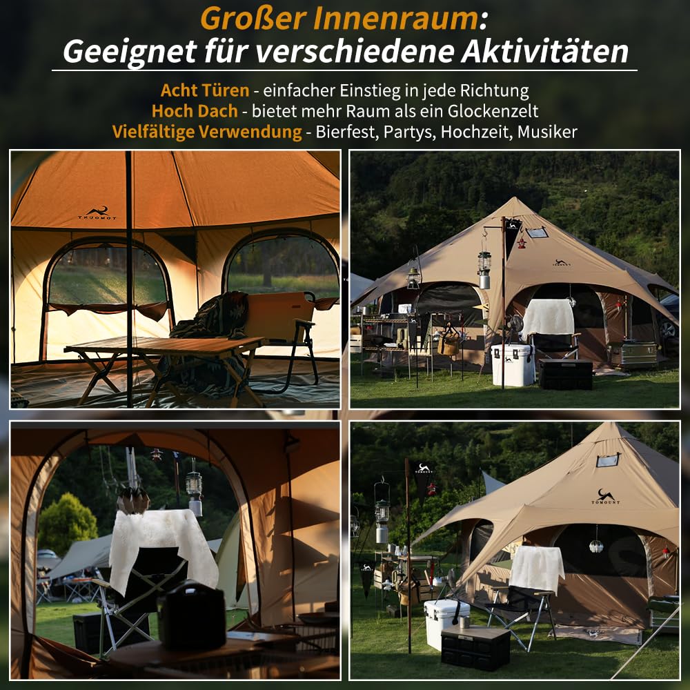 TOMOUNT Tipi Tente en coton pour 6-8 personnes - Tente familiale en toile pyramides - Grande tente glamping pour camping, randonnée, festival, fête, mariage, fête musicale
