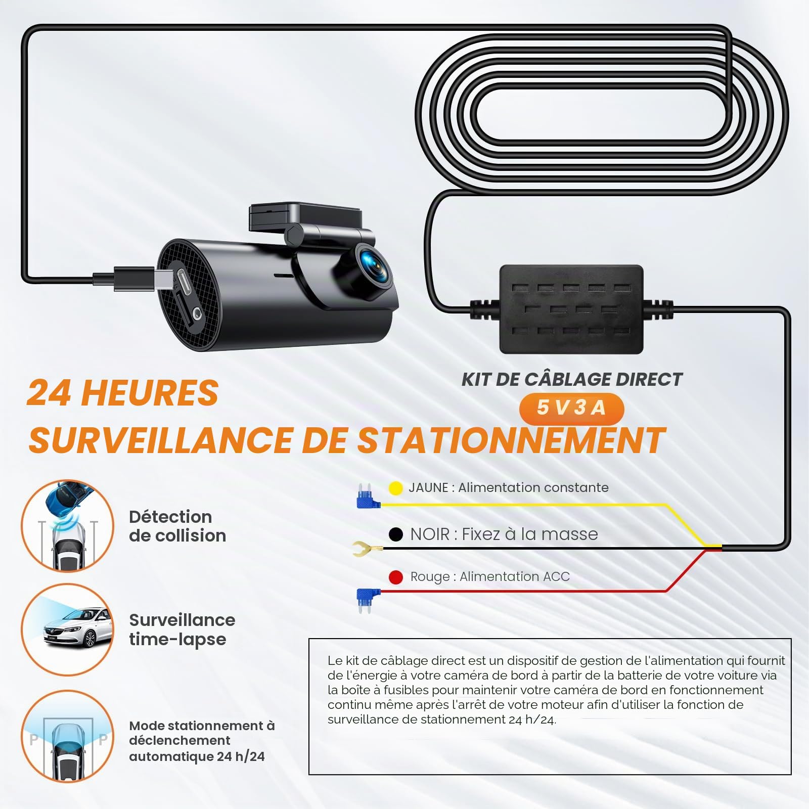 GKU Dashcam USB-C Kit de Câblage avec Double 4 Fusibles, AC 12 V-24 V à 5 V/2,5 A, 3 Mètres, Surveillance de Stationnement 24 Heures, Protection Basse Tension, Hardwire Kit para Dash Cams